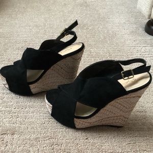 Qupid Black Suede Crisscross Wedge Sandals